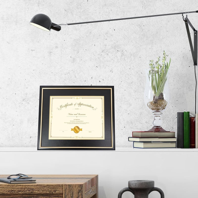 Hodeframe 11x14 Certificate Frame for 8-1/2x11 Diploma/Certificate/Document/Picture with Black and Gold Mat,8.5x11 Solid Wood Degree Frame, Real Glass，Wall Display and Tabletop - Image 2